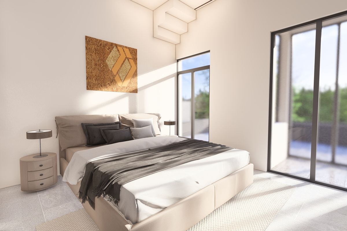Modern bedroom featuring large format floor tiles, high ceilings with architectural detailing, and expansive floor-to-ceiling sliding glass doors providing ample natural light.