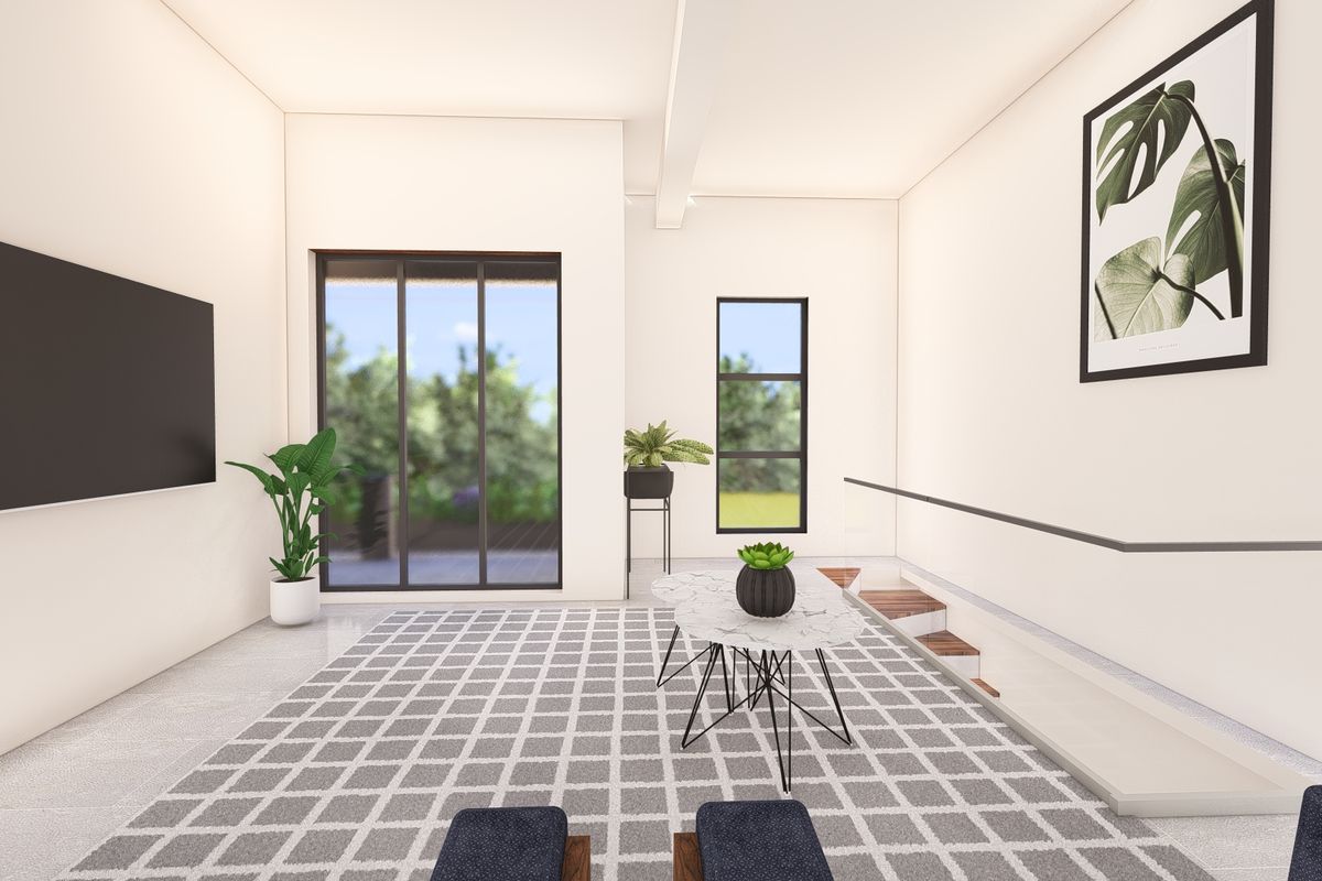 Modern living room featuring clean lines, tiled flooring, a glass balustrade staircase, and large sliding doors providing natural light and garden access.