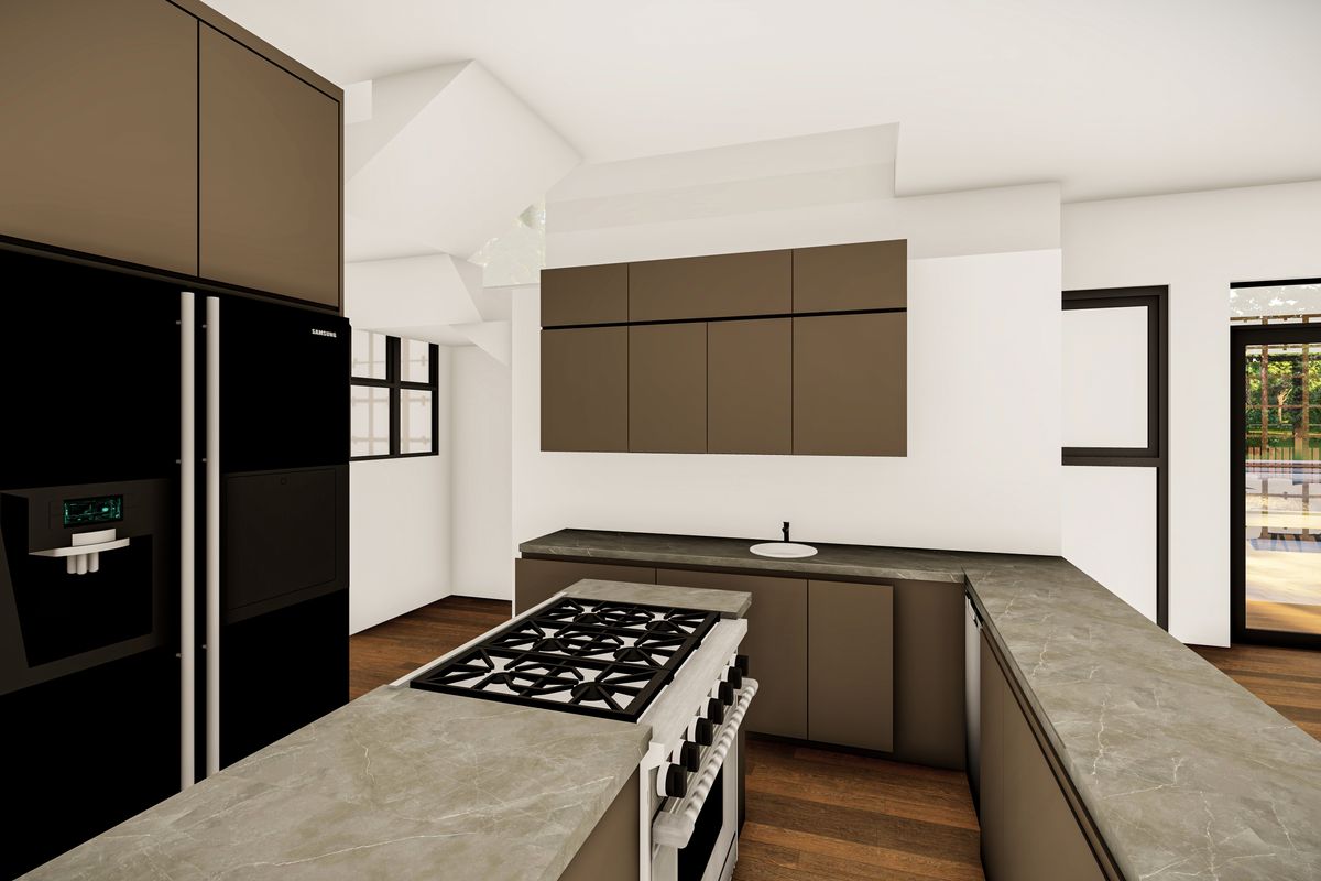 Modern kitchen featuring sleek brown cabinetry, stone countertops, a gas cooktop, and integrated appliances with hardwood flooring.