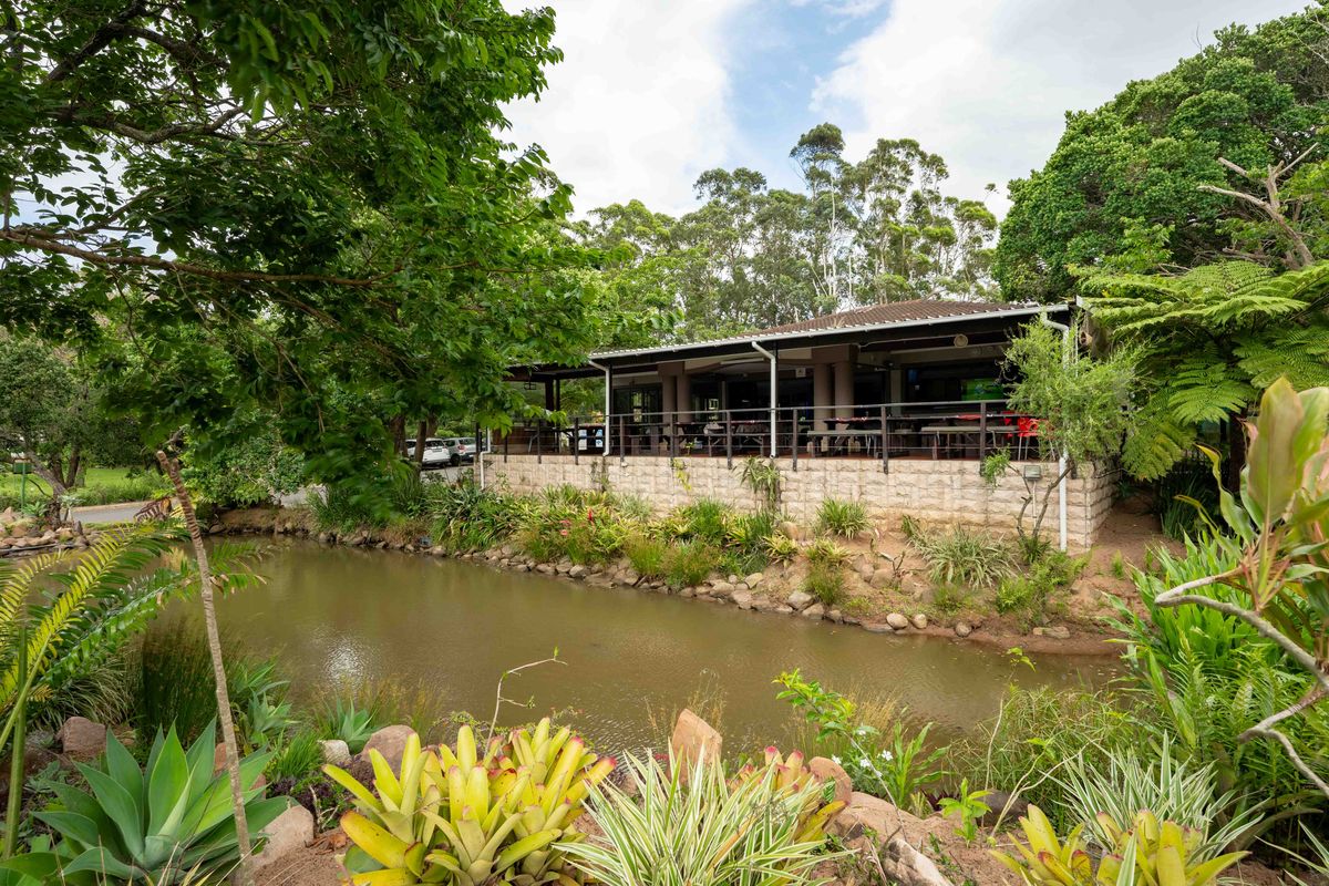 A view of the rear exterior featuring a covered patio, stone retaining wall, and a landscaped garden overlooking a pond.