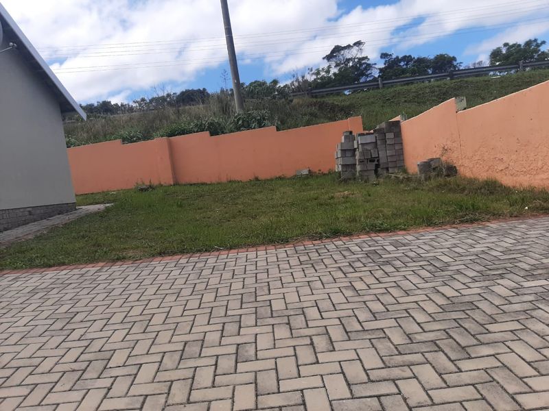 Rear exterior area featuring a paved driveway, lawn, and a perimeter boundary wall.