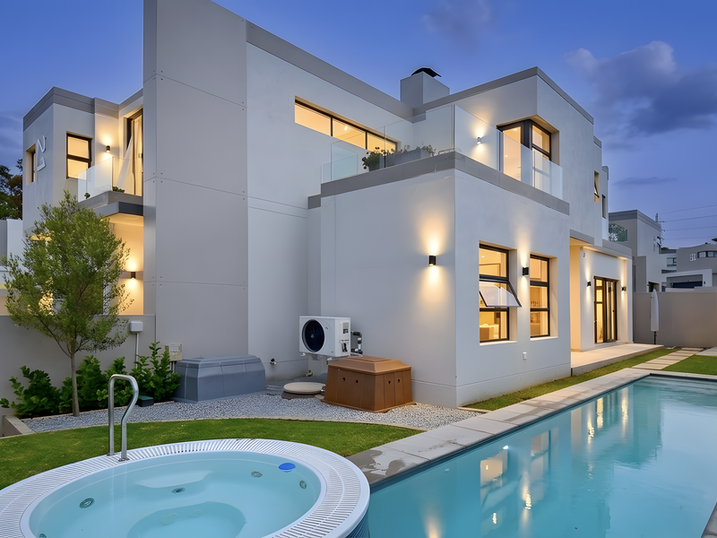 Modern townhouse rear elevation featuring a swimming pool, built-in spa, glass balustrades, and well-maintained landscaped garden area.