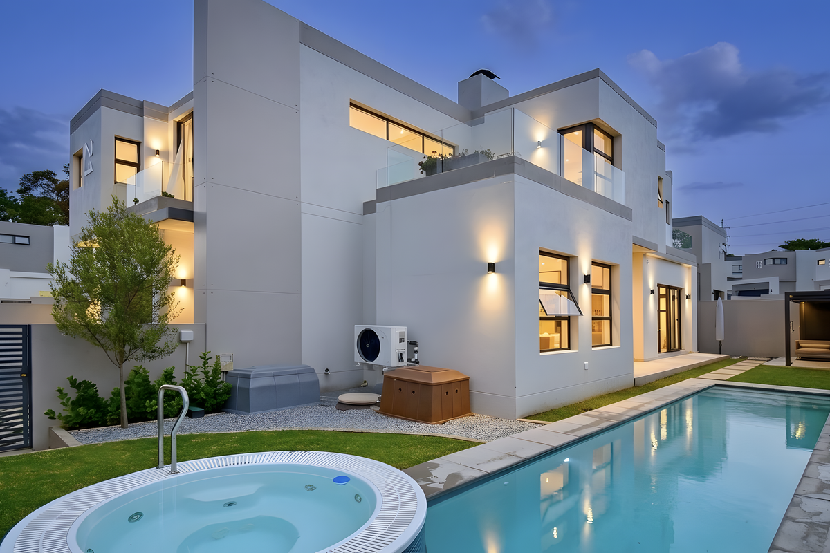 Modern townhouse rear elevation featuring a swimming pool, built-in spa, glass balustrades, and well-maintained landscaped garden area.