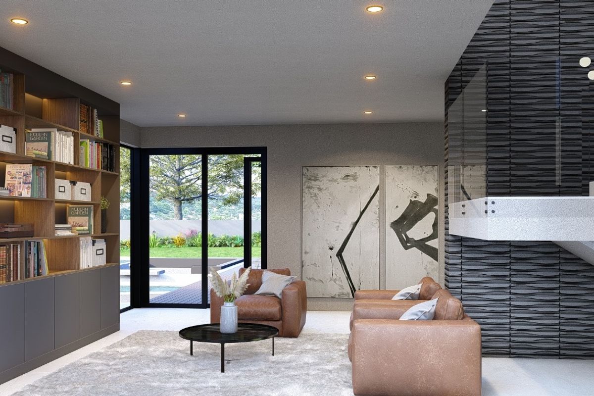 Modern living area featuring built-in floor-to-ceiling shelving, textured feature wall, glass staircase balustrade, and large sliding doors opening to the outdoor patio.