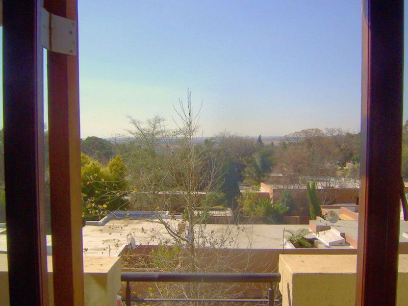 A view from an elevated apartment looking out over the surrounding neighbourhood and trees through open timber-framed doors.