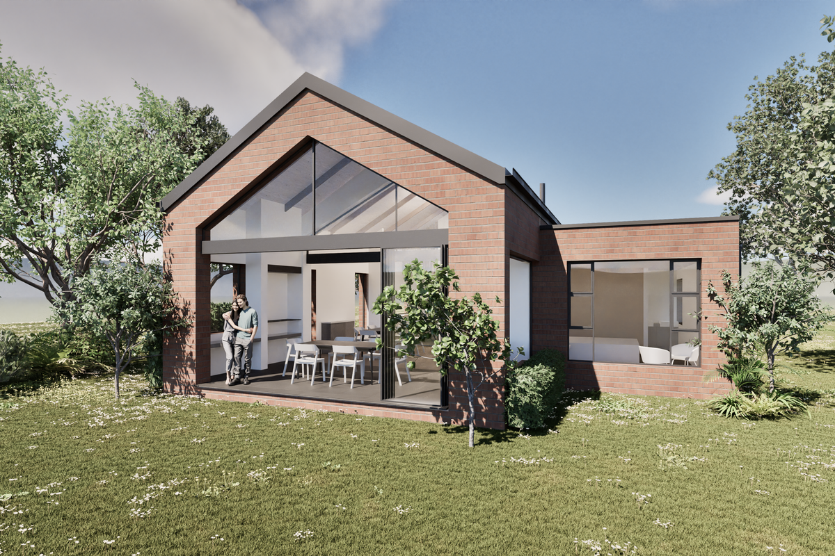 A modern architectural rendering of a brick house featuring a large gable window, open-plan living area, and expansive glass sliding doors.