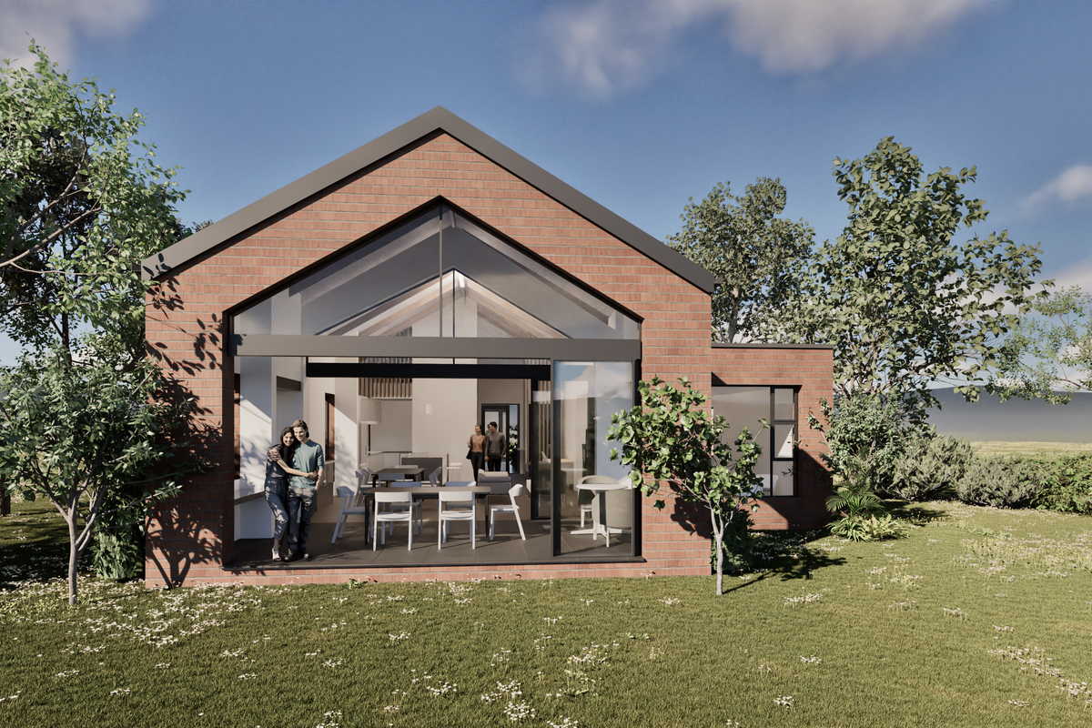 A modern architectural rendering of a brick-clad home featuring large glass gables and an open-plan interior layout overlooking a landscaped garden.