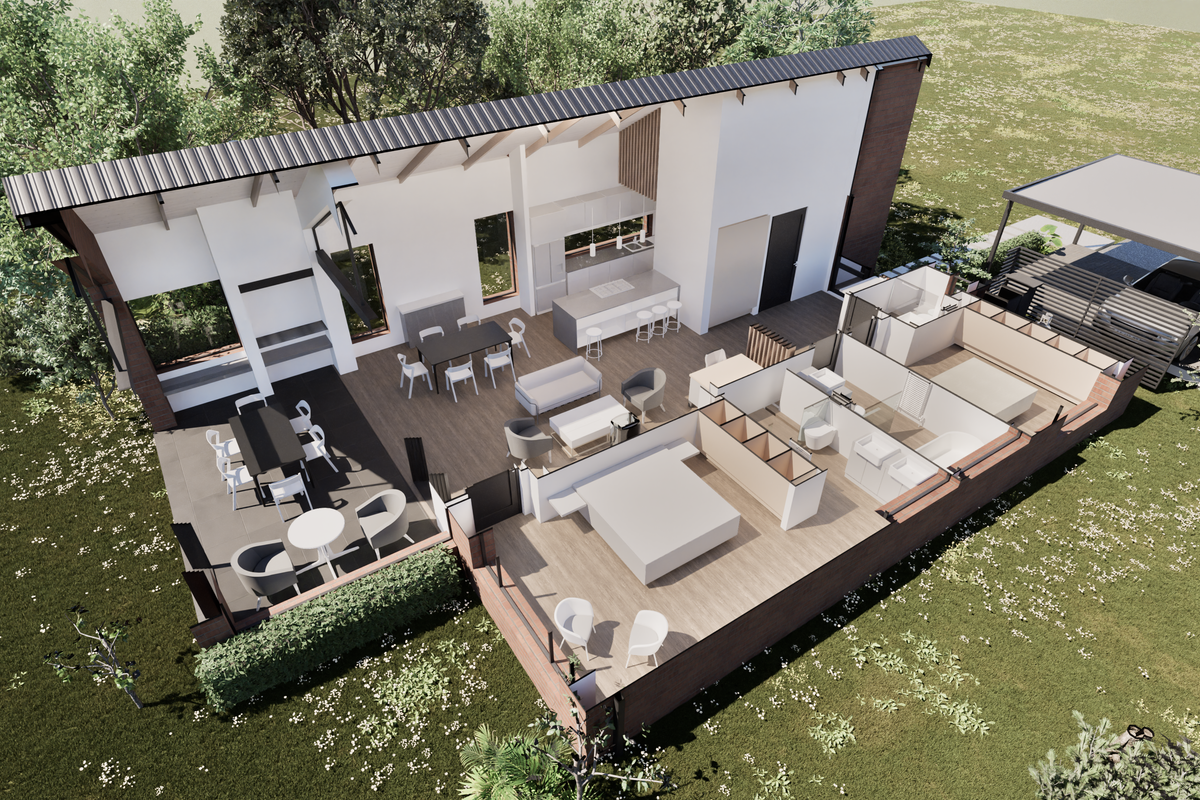 An aerial 3D floor plan rendering showcasing an open-plan living area, kitchen, bedrooms, bathrooms, and an outdoor patio space.