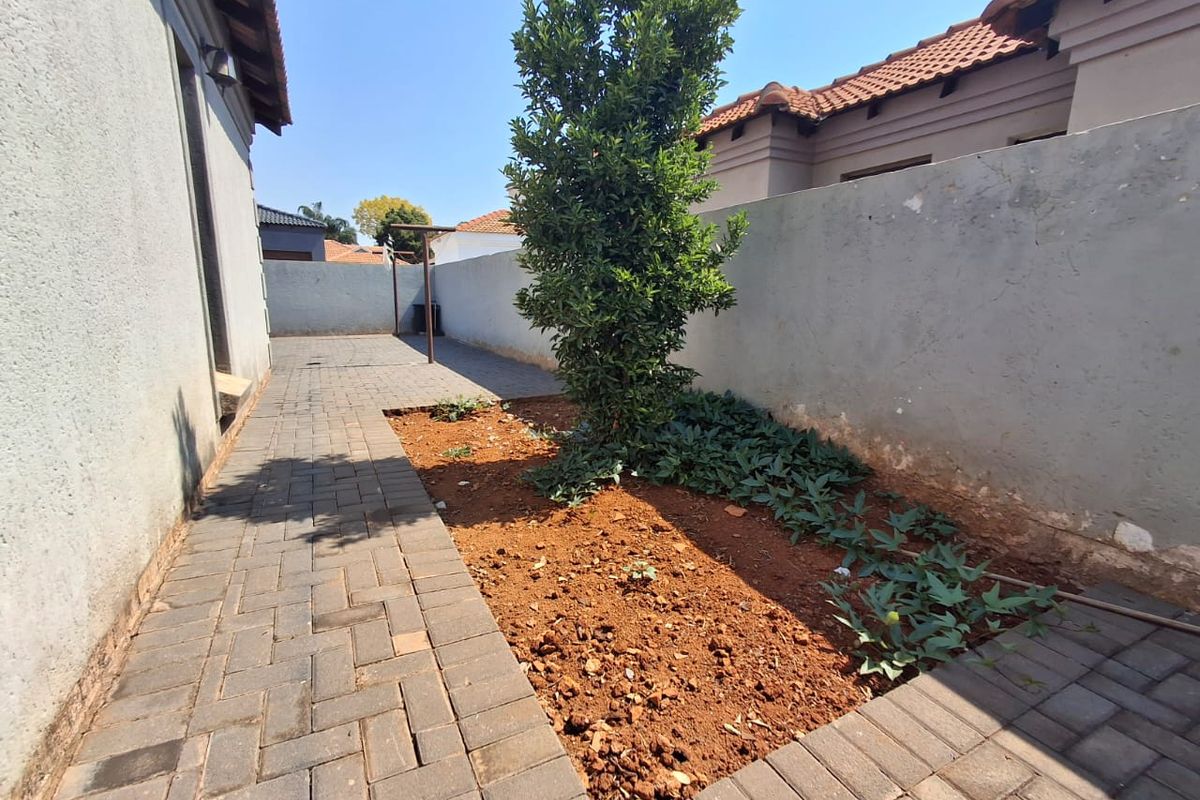 A side garden area featuring a paved walkway and a landscaped garden bed bordered by a boundary wall.