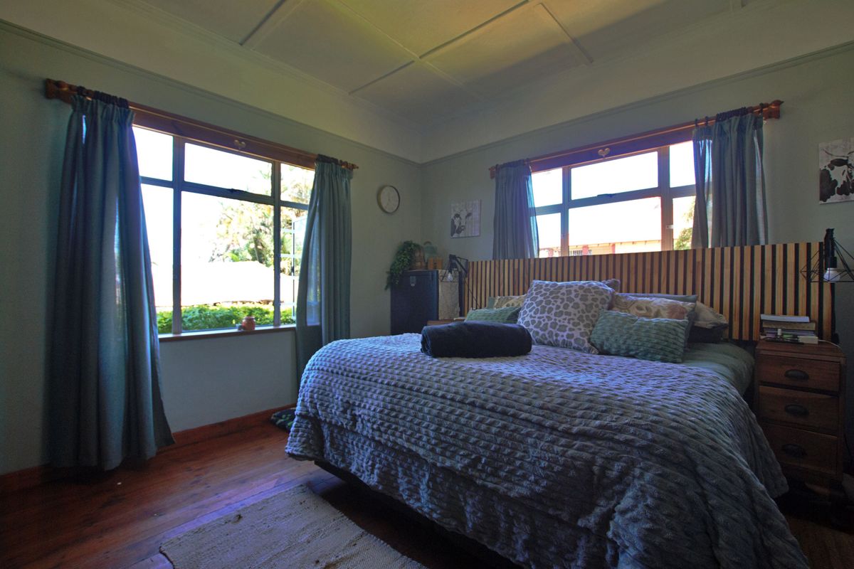 A bedroom featuring timber flooring, large windows with natural light, and a high ceiling with decorative molding.