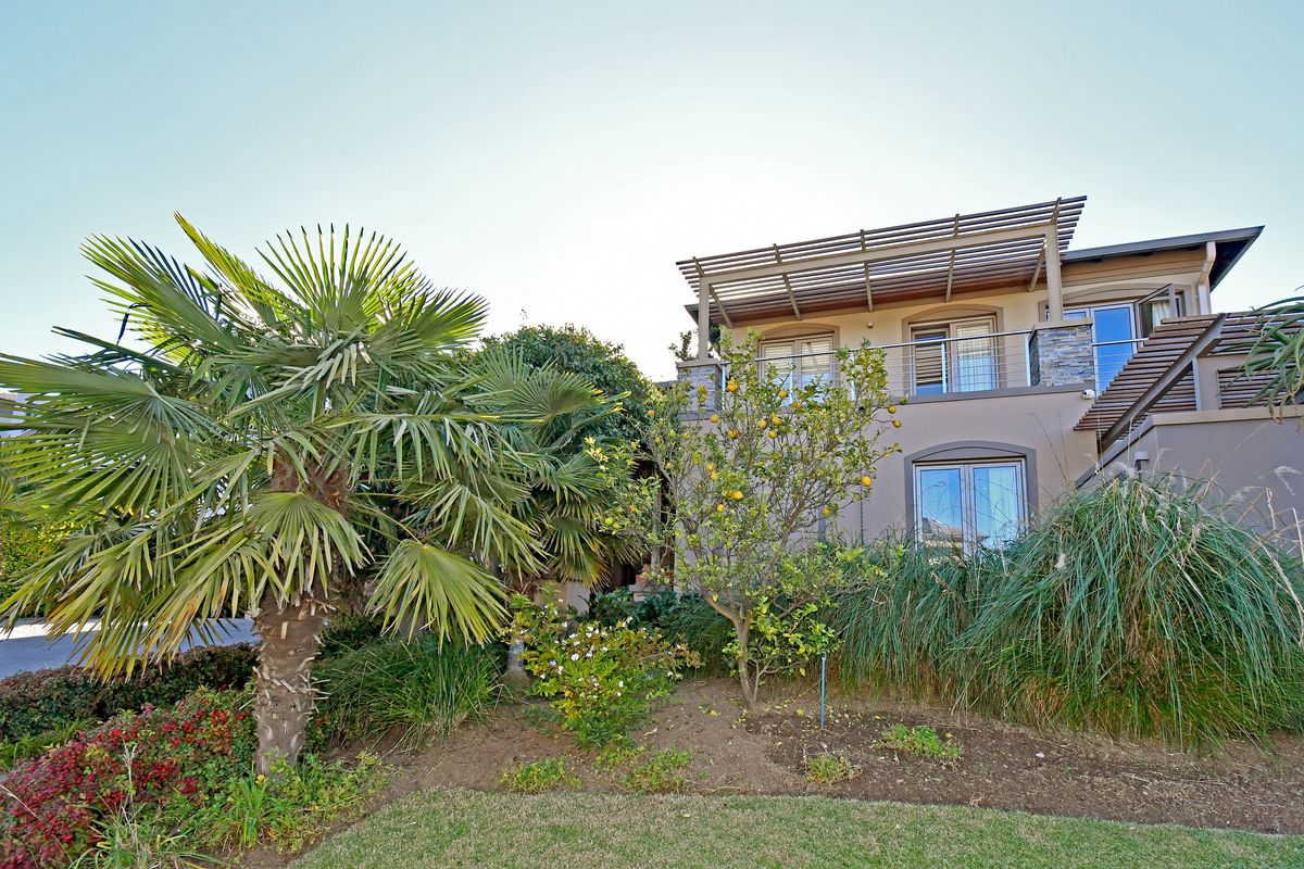 Rear view of the property featuring a landscaped garden, mature palm tree, and an upper-level balcony with a timber pergola.