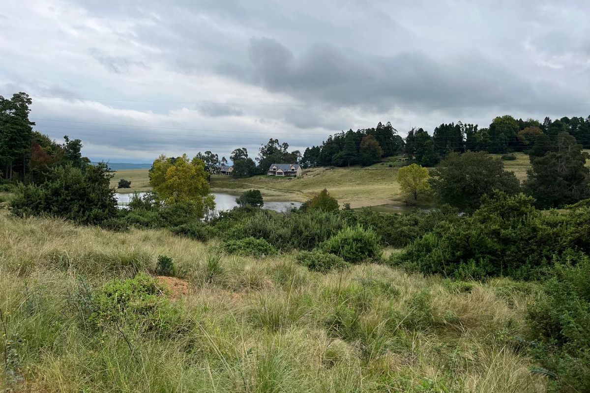 A scenic view of a vacant residential plot featuring rolling grassy hills, natural vegetation, and a small pond in the distance.