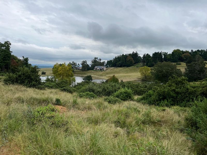 A scenic view of a vacant residential plot featuring rolling grassy hills, natural vegetation, and a small pond in the distance.
