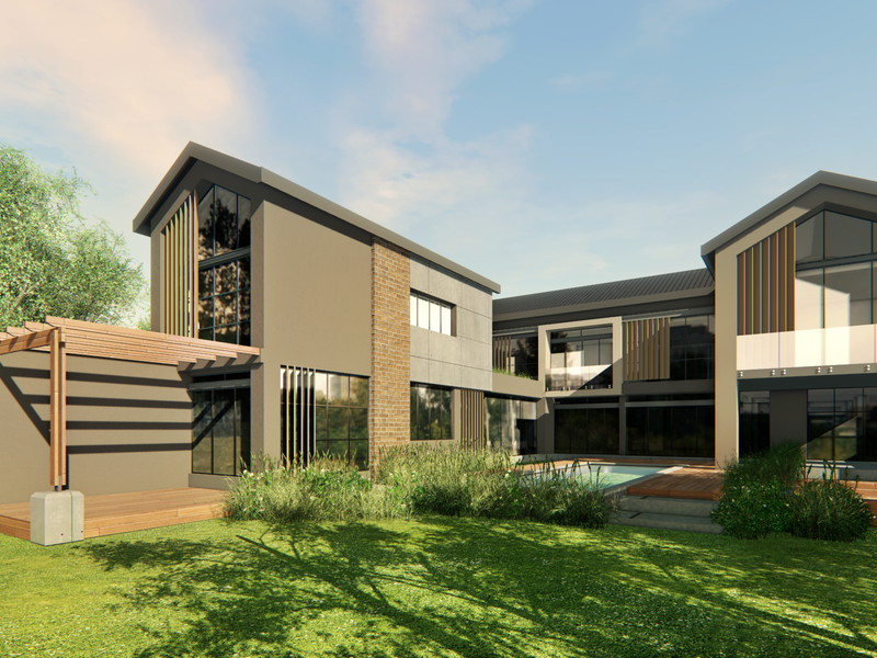 A modern architectural rear elevation featuring a swimming pool, timber decking, pergola, and expansive glass windows overlooking a landscaped garden.