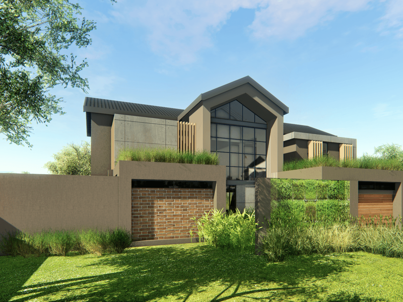 A modern architectural house exterior featuring a combination of brick, concrete, and timber finishes with large glass windows and a landscaped front garden.
