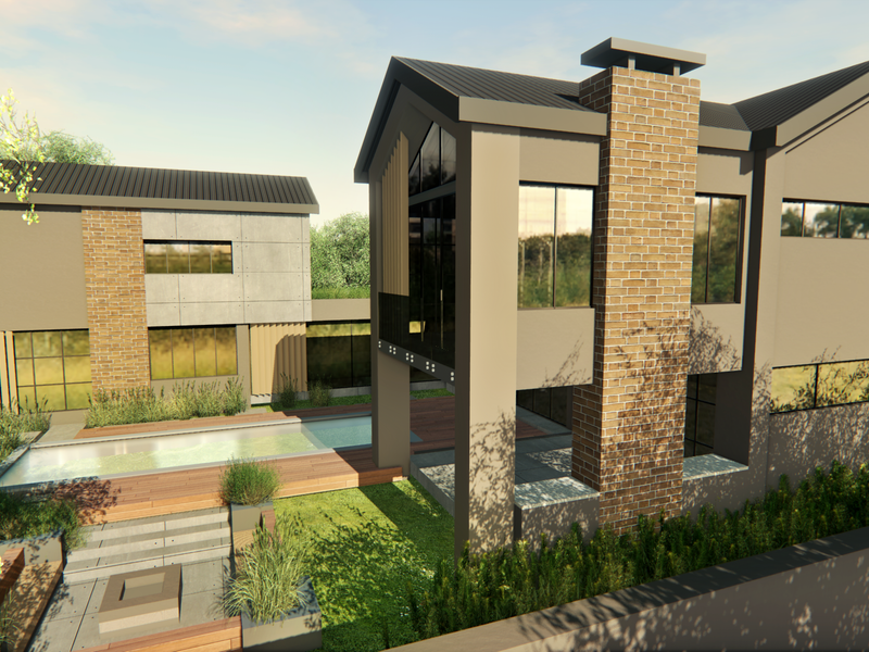 Modern architectural rear elevation featuring a swimming pool, timber decking, and a prominent brick chimney, showcasing contemporary design and outdoor living space.