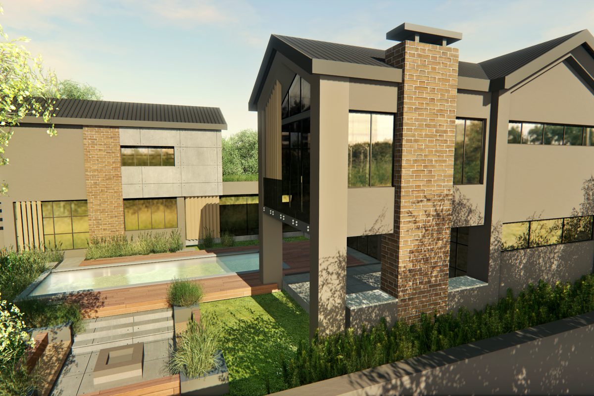 Modern architectural rear elevation featuring a swimming pool, timber decking, and a prominent brick chimney, showcasing contemporary design and outdoor living space.