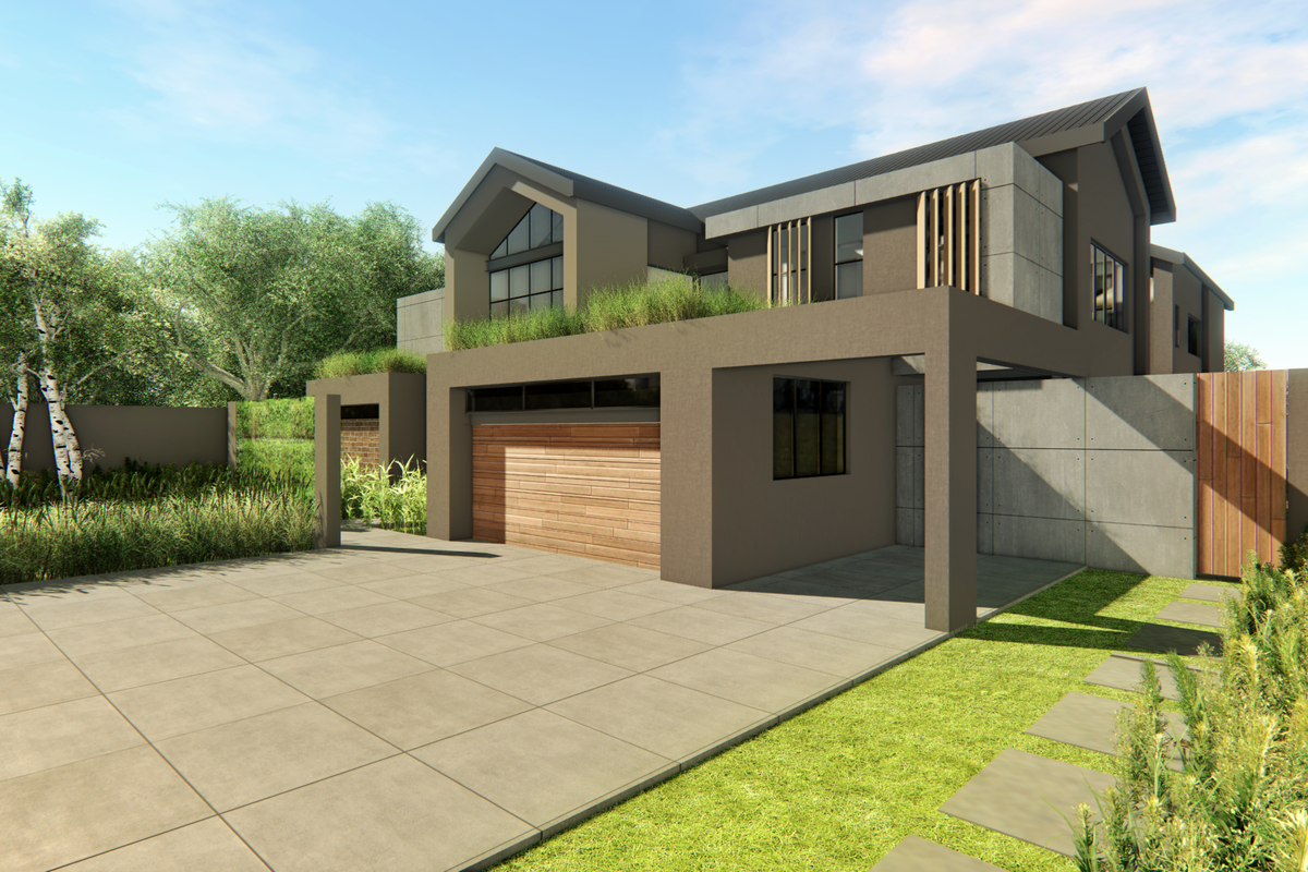 Modern architectural house exterior featuring a timber garage door, concrete paneling, and a paved driveway with landscaped garden surroundings.