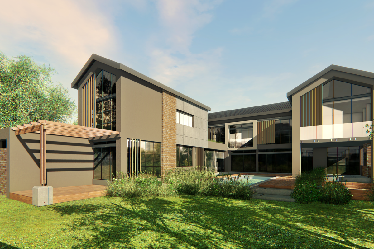 A modern architectural rear elevation featuring a swimming pool, timber decking, pergola, and expansive glass windows overlooking a landscaped garden.