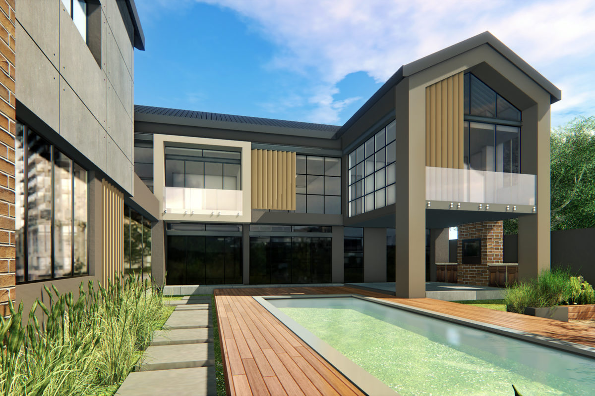 Modern rear exterior featuring a swimming pool, timber decking, glass balustrades, and a contemporary architectural design with brick and concrete finishes.