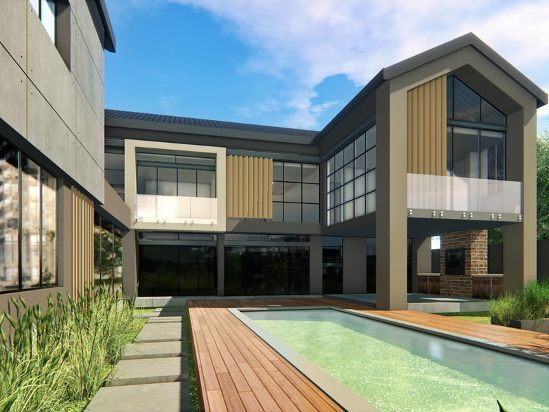 Modern rear exterior featuring a swimming pool, timber decking, glass balustrades, and a contemporary architectural design with brick and concrete finishes.