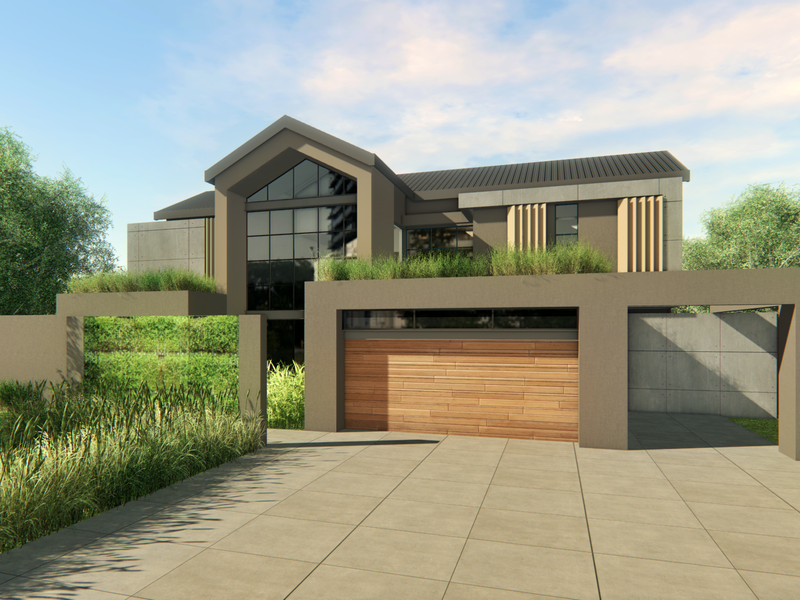 Modern architectural house exterior featuring a timber garage door, large glass windows, and a clean concrete facade with landscaped garden elements.