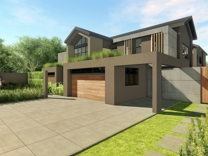 Modern architectural house exterior featuring a timber garage door, concrete paneling, and a paved driveway with landscaped garden surroundings.