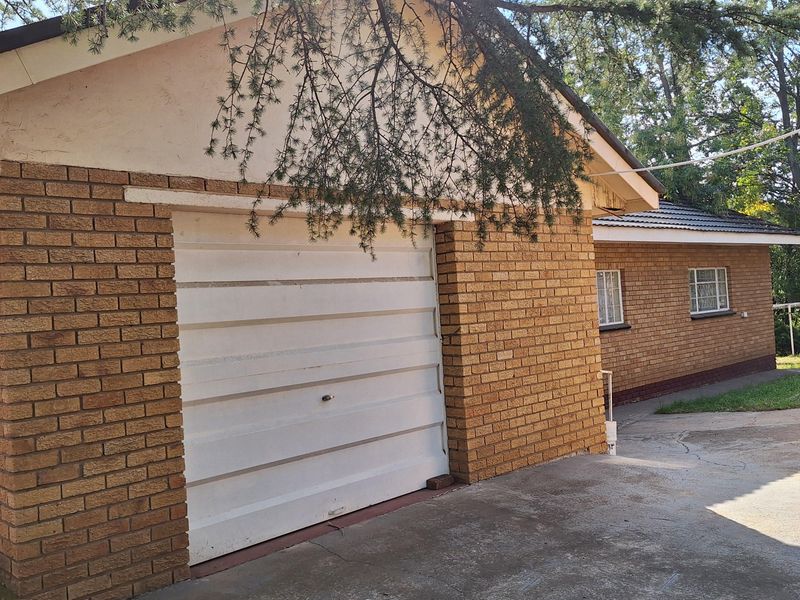 A view of the front exterior featuring a brick facade, a single garage door, and a concrete driveway surrounded by mature trees.