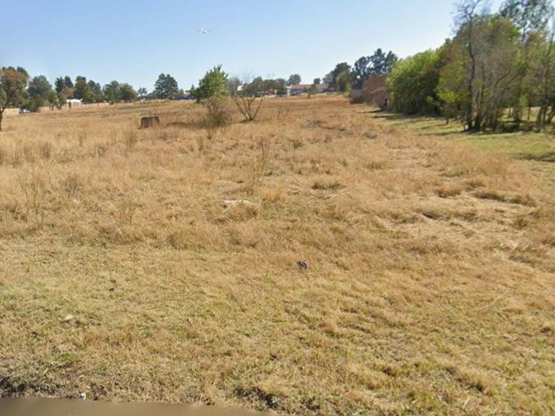 A wide-angle view of a vacant residential plot featuring natural grassland and surrounding mature trees.