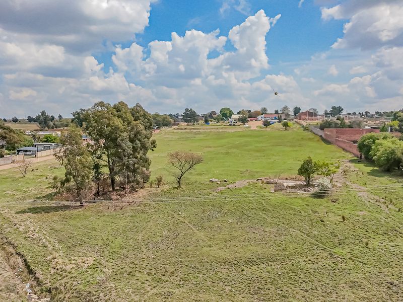 An aerial view of a large, undeveloped residential plot featuring open grass, mature trees, and surrounding boundary walls.