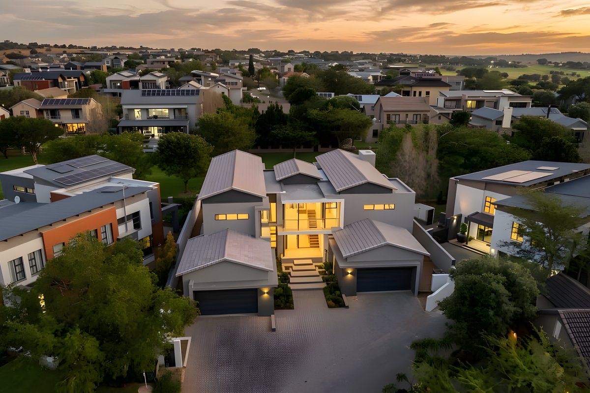 Aerial view of a modern residential property featuring a multi-pitched roof, double garage, paved driveway, and solar panels within a well-maintained estate.