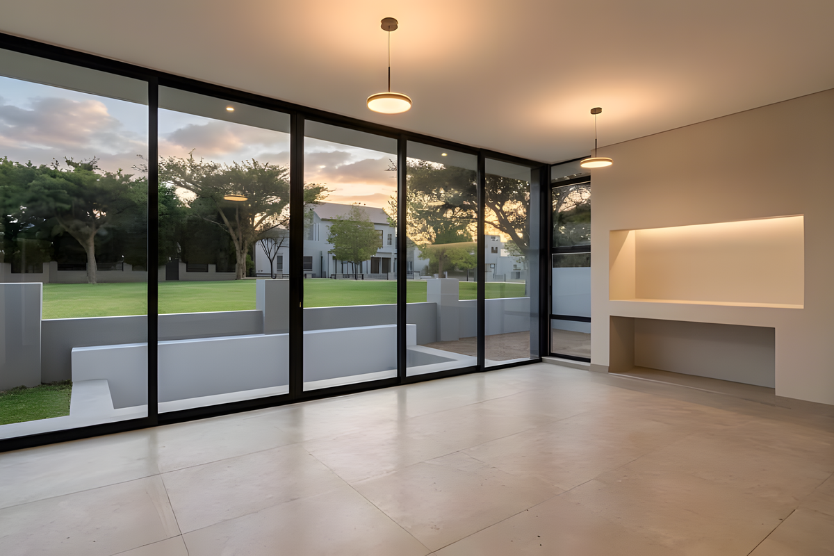 A bright, modern living space featuring expansive floor-to-ceiling sliding glass doors, sleek tiled floors, and a built-in wall niche with integrated lighting.