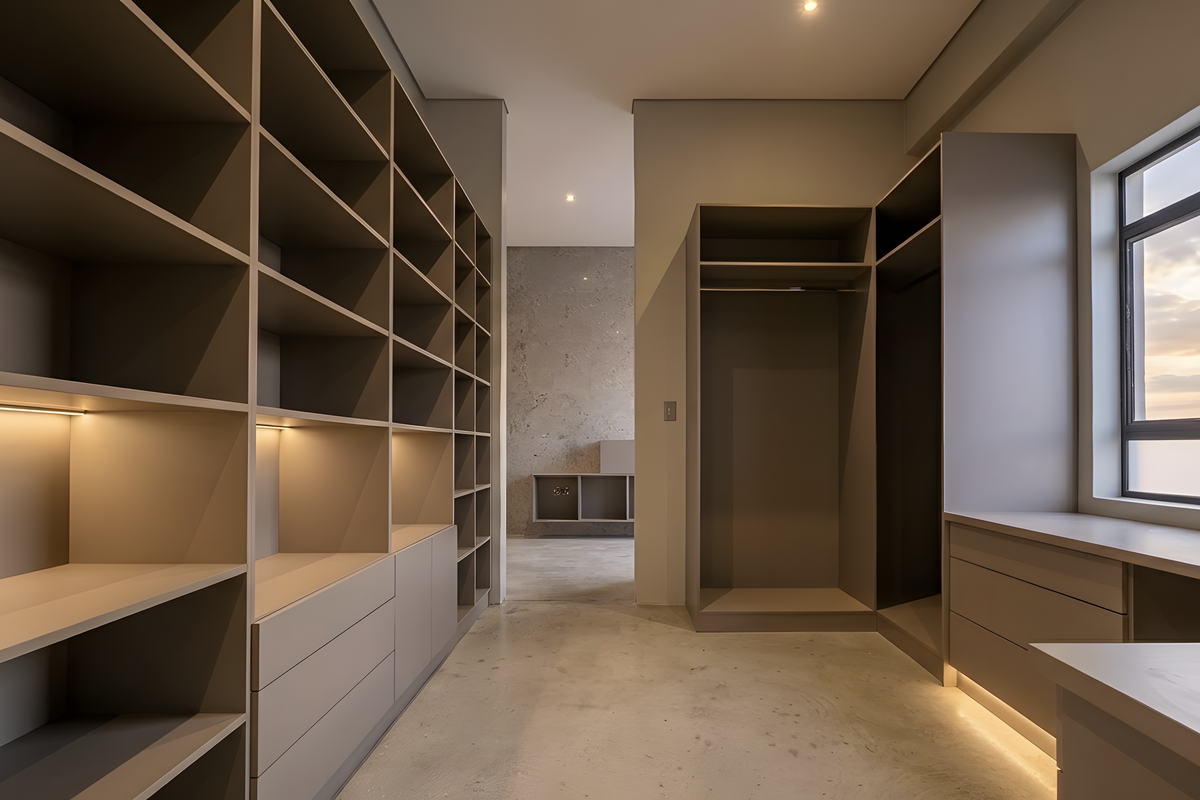 A modern, spacious walk-in closet or dressing room featuring extensive built-in cabinetry, integrated LED lighting, and polished concrete floors.