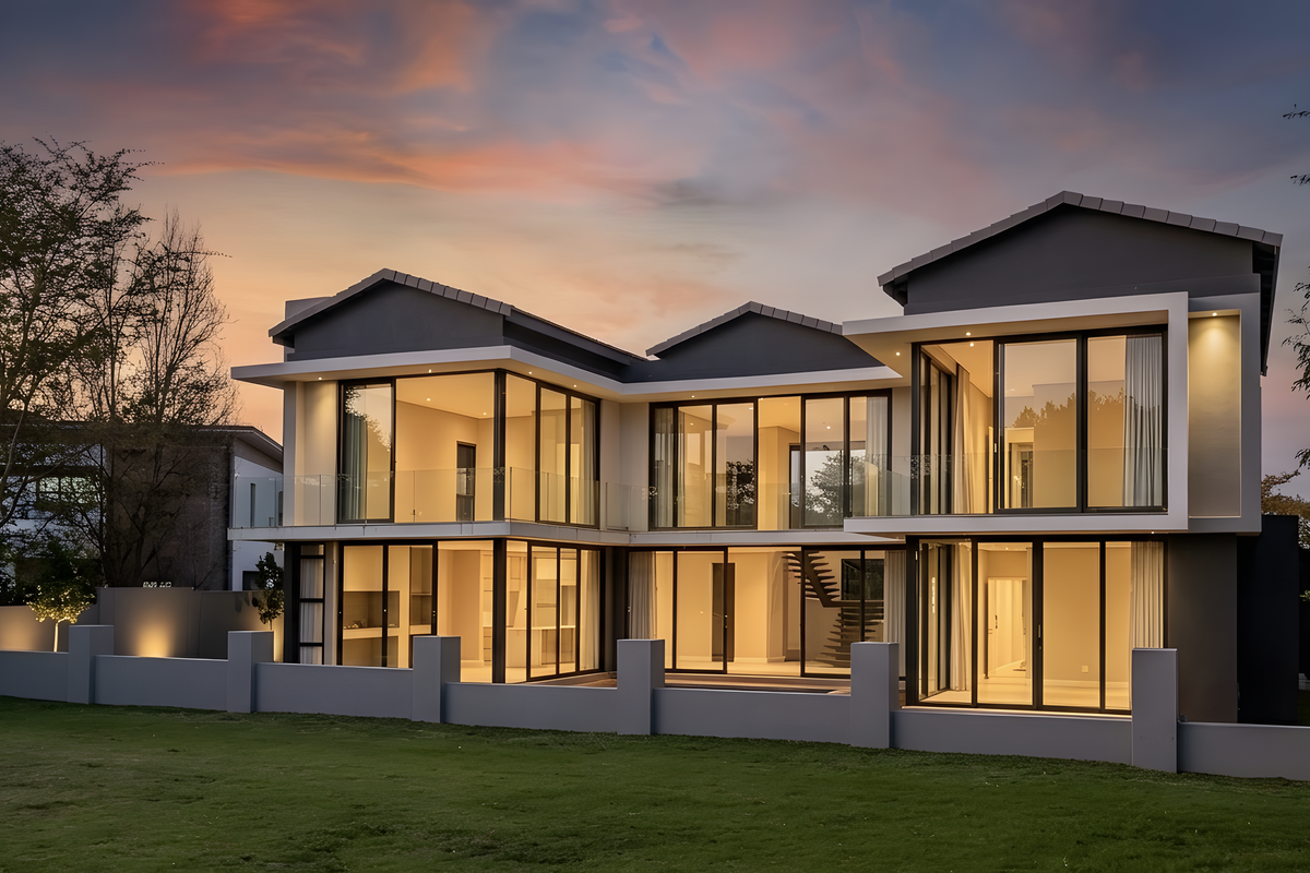 A modern two-story luxury residence featuring expansive glass sliding doors, glass balustrades, and integrated exterior lighting at dusk.