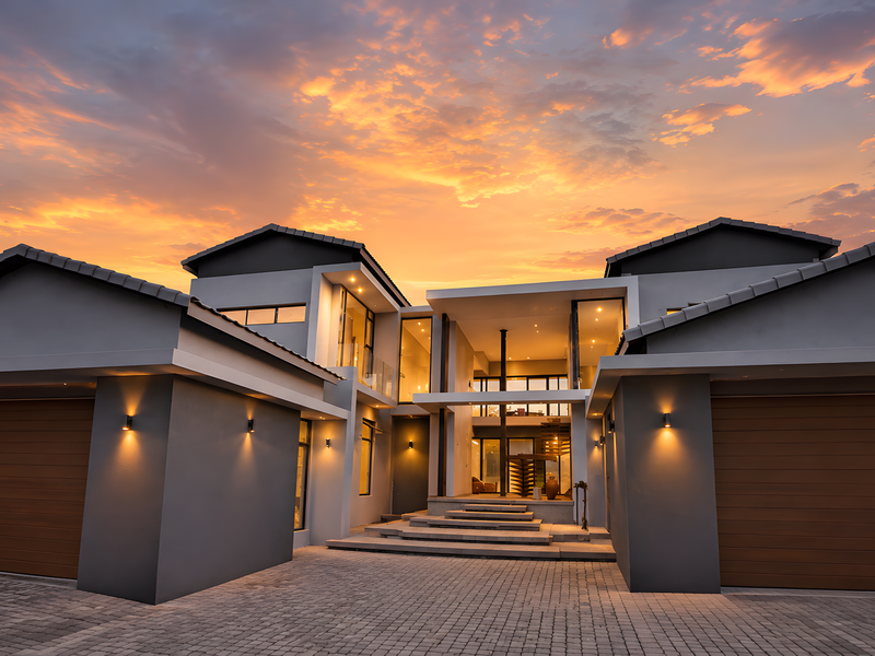 A modern luxury residence featuring a double garage, paved driveway, and striking architectural facade illuminated at sunset.