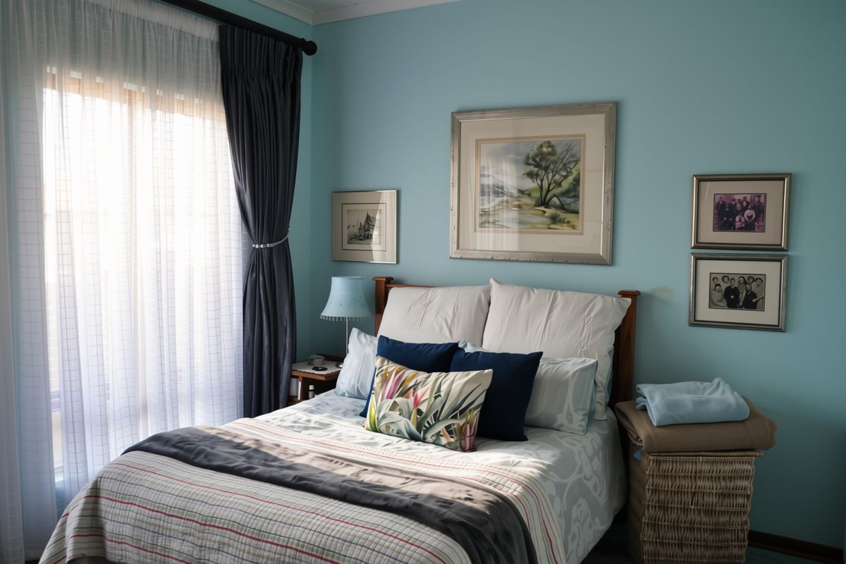 A well-maintained bedroom featuring light blue walls, a large window with layered curtains, and ample natural light.