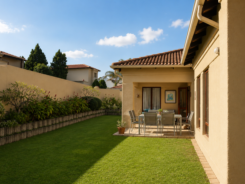 A well-maintained rear garden featuring a paved patio area, manicured lawn, and secure boundary wall, providing a private outdoor space.
