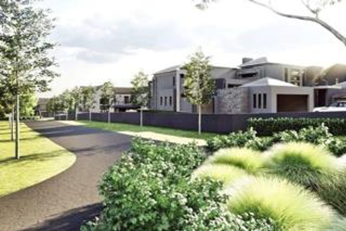 A high-quality architectural rendering of a modern residential estate featuring contemporary homes, paved pathways, and landscaped garden areas.