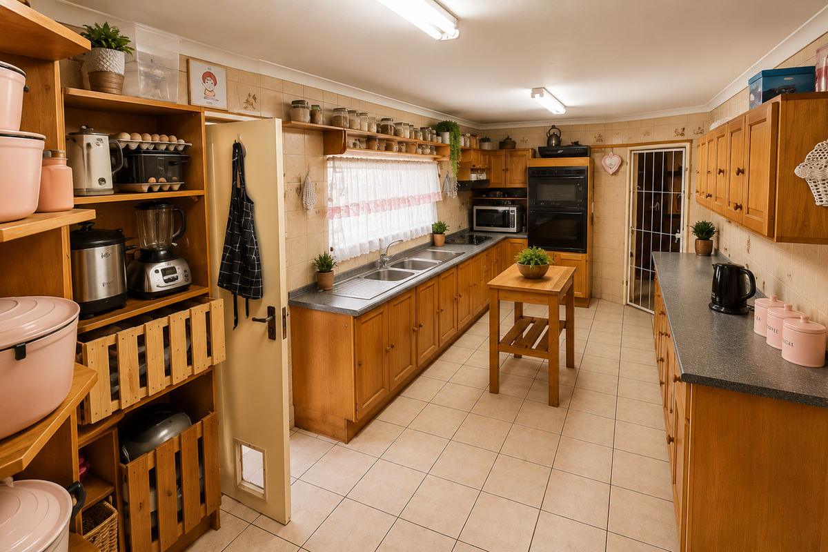 A spacious, functional kitchen featuring extensive wooden cabinetry, double wall ovens, a double sink, and neutral tiled flooring throughout.