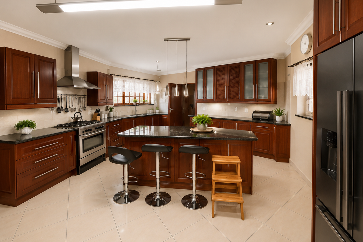Spacious kitchen featuring dark wood cabinetry, granite countertops, a central island with breakfast bar seating, and stainless steel appliances.