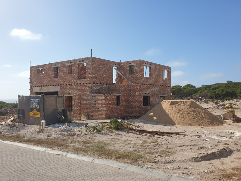 A residential property under construction, showing the exposed brick shell and structural framework of a two-story house.