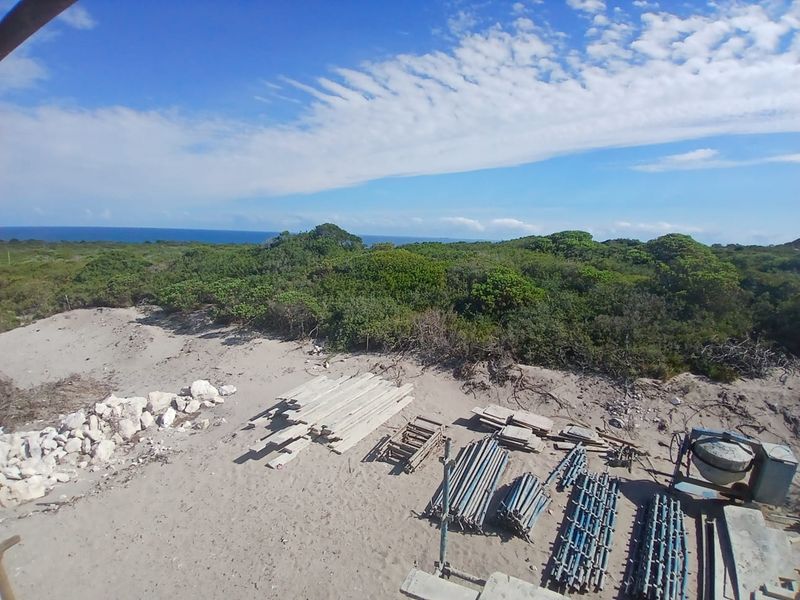 An elevated view of a coastal landscape featuring natural vegetation and sandy terrain, with the ocean visible in the distance.