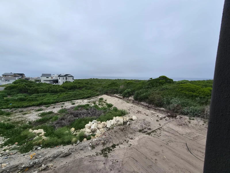 An elevated view overlooking coastal vegetation and sandy terrain with distant residential properties and the ocean horizon.