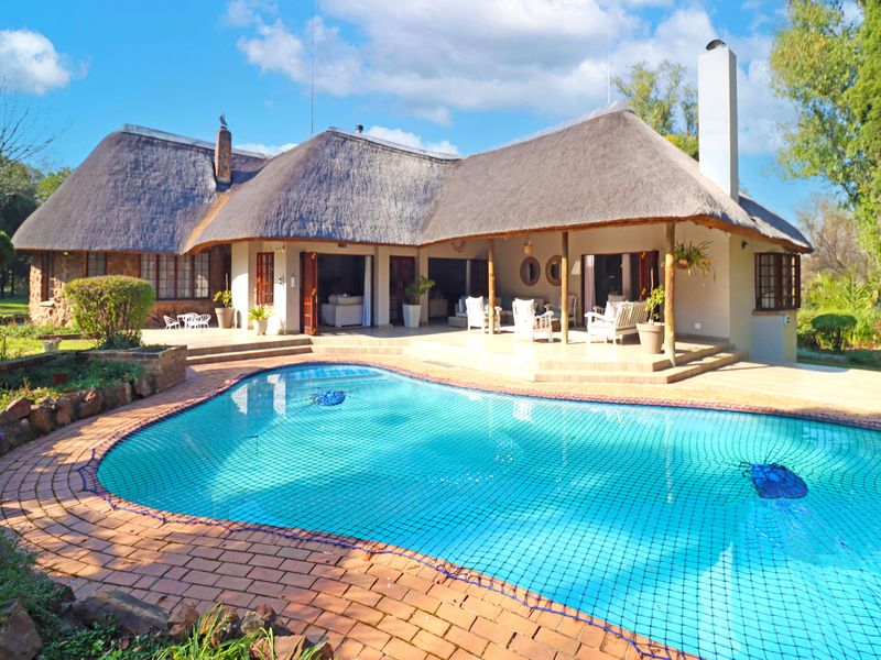 A spacious outdoor entertainment area featuring a swimming pool with safety net, a covered veranda, and a distinctive thatched roof house exterior.