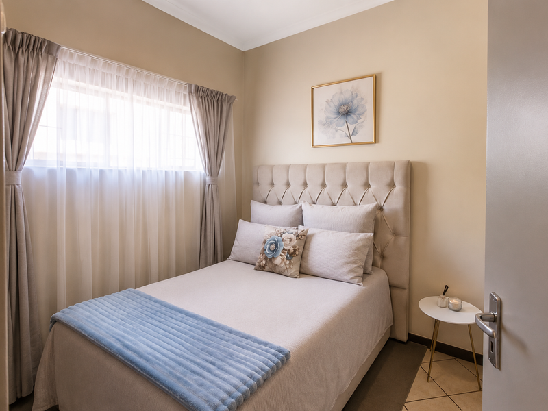 A well-maintained bedroom featuring neutral wall tones, tiled flooring, and a window with fitted curtain tracks.