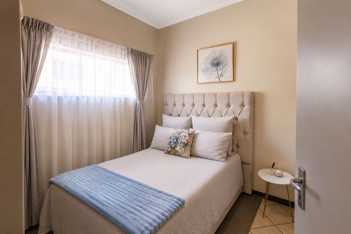 A well-maintained bedroom featuring neutral wall tones, tiled flooring, and a window with fitted curtain tracks.