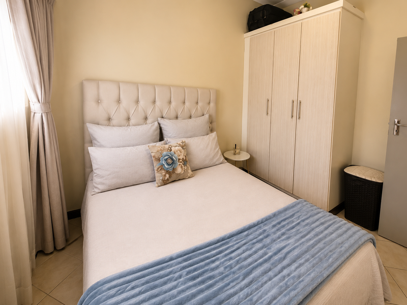 A well-maintained bedroom featuring neutral wall tones, tiled flooring, and a functional built-in wardrobe with light wood-grain finish.