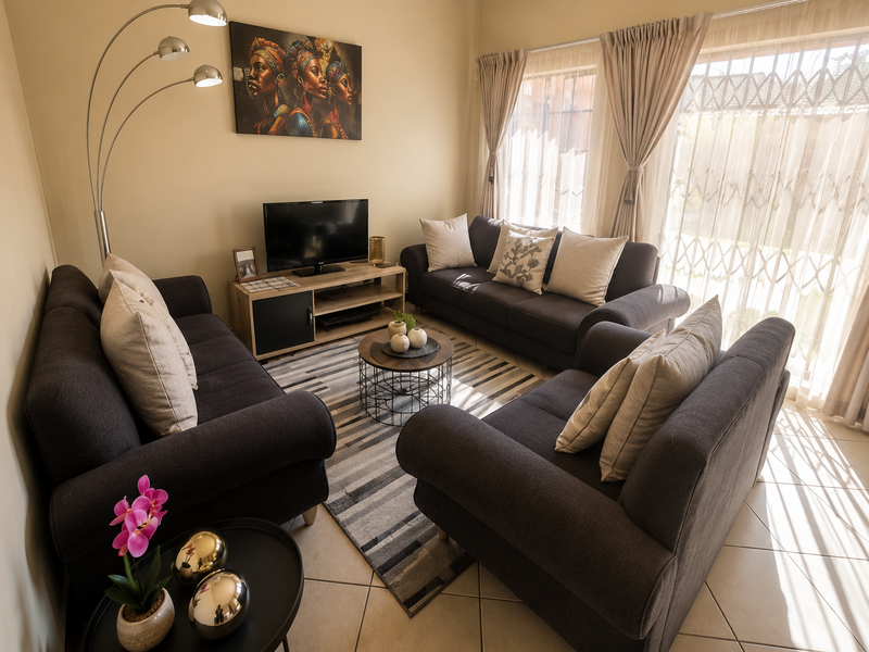 A comfortable living room featuring tiled flooring and a large sliding glass door with a security gate, providing access to the exterior.
