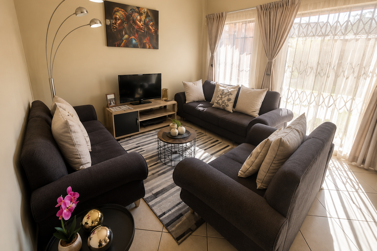 A comfortable living room featuring tiled flooring and a large sliding glass door with a security gate, providing access to the exterior.