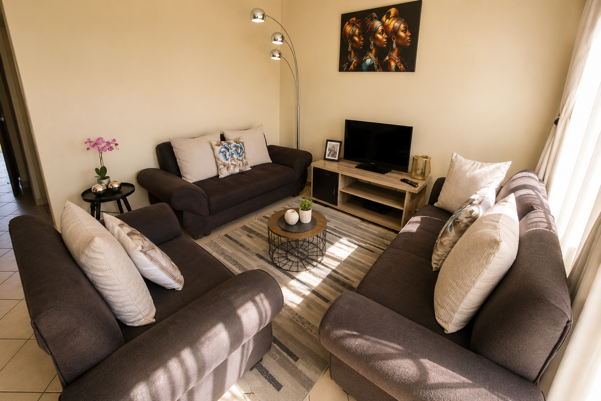 A comfortable and well-lit living room featuring neutral wall tones and durable tiled flooring, creating a welcoming space for relaxation.